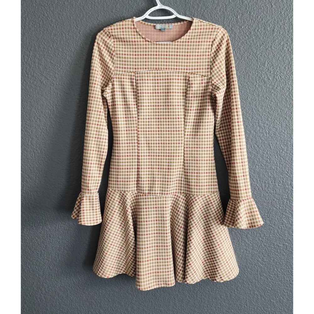 Good Luck Gem Houndstooth Ruffle Mini Dress Tan Orange Long Sleeve Small